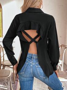SHEIN LUNE Áo sơ mi tay dài hở lưng hở nút màu trơn gợi cảm cho nữ - màu đen - Xem 3