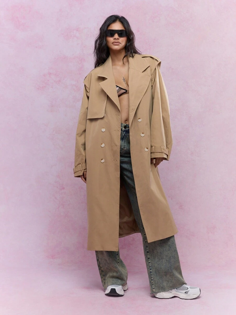 MISSGUIDED 翻领长袖宽松前扣风衣冬季服装