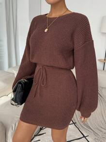 SHEIN Clasi Vestido de suéter de manga larga con cuello redondo, de unicolor y con nudo, para mujer, en color marrón - Café integral - Ver 6