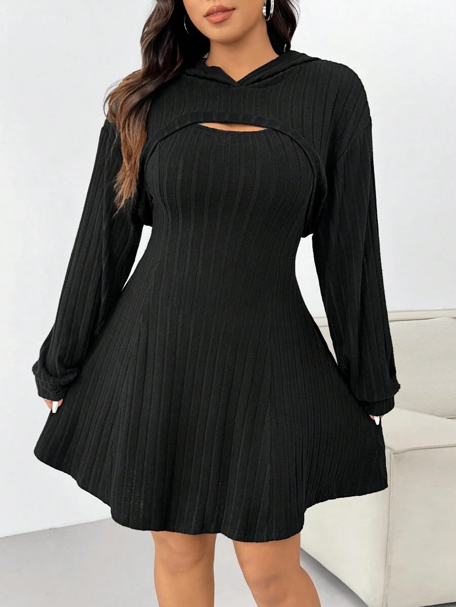 SHEIN EZwear Plus Size Black Chunky Ribbed Sweatshirt & Dress Set For Early Autumn