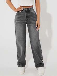 SHEIN PETITE Women's Straight Leg Loose Fit Casual Denim Pants With Pockets - Dark Grey - View 3