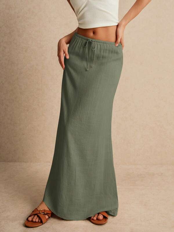 Poéselle Women Solid Color Minimalist Drawstring Skirt