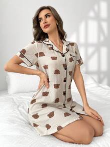 Vestido de dormir con botones y cuello de solapa con estampado de osos para dama, ideal para vacaciones