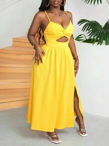 Slaydiva Summer Casual/Date/Holiday Spaghetti Straps Dress, Front Knot And Cut-Out Design, High Slit, A-Line, White Women's Dress -J