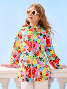 SHEIN Tween Mädchen Reißverschluss Blumen Muster Taillenbund Kapuze Freizeit Urlaubsjacke