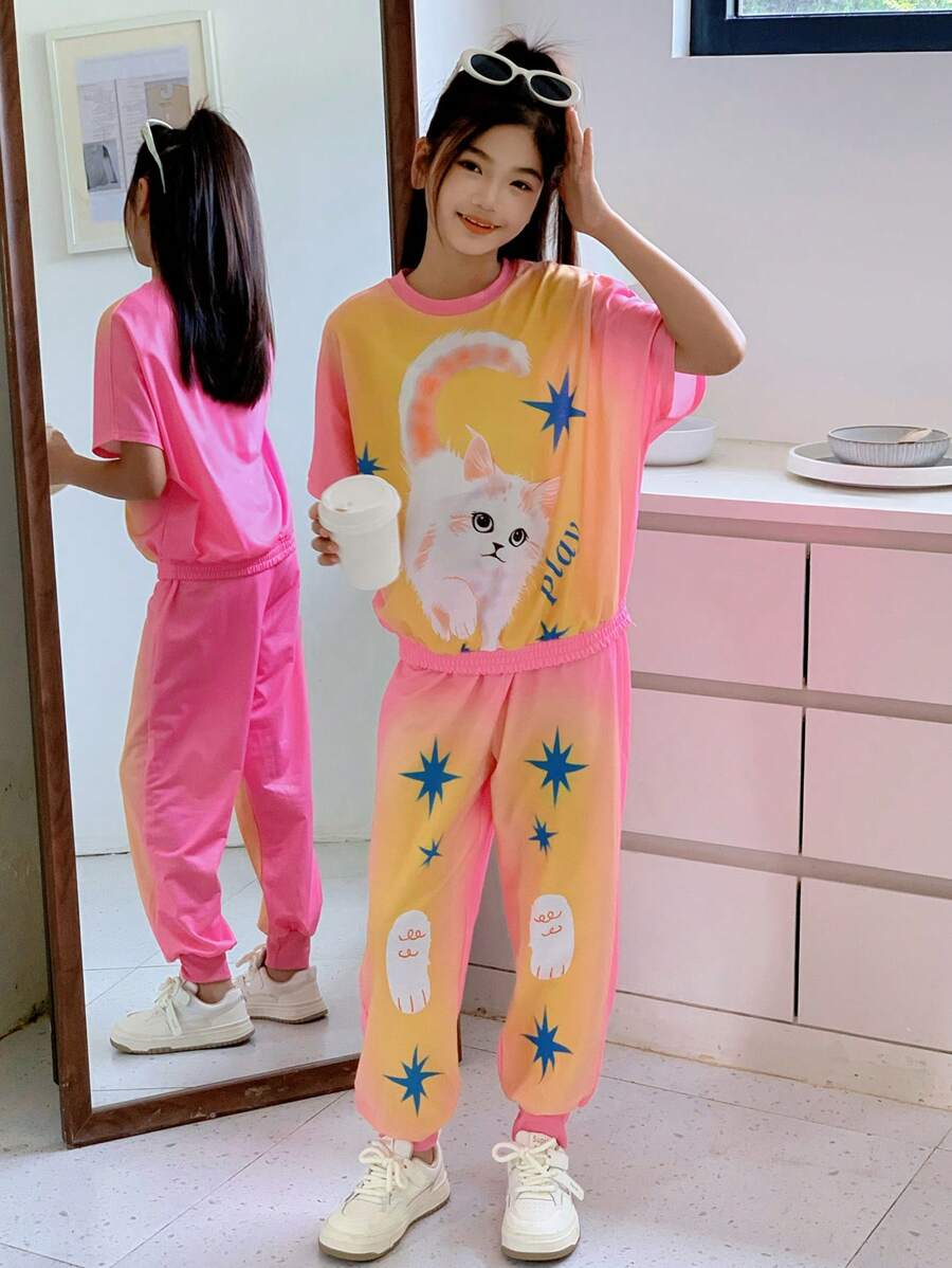 SHEIN Ensemble de 2 pièces pour jeunes filles : T-shirt ample à manches courtes imprimé chat mignon + pantalon de survêtement