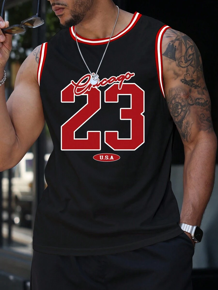 Manfinity Homme 男士彩色块 23 字母印花拼布背心、篮球服