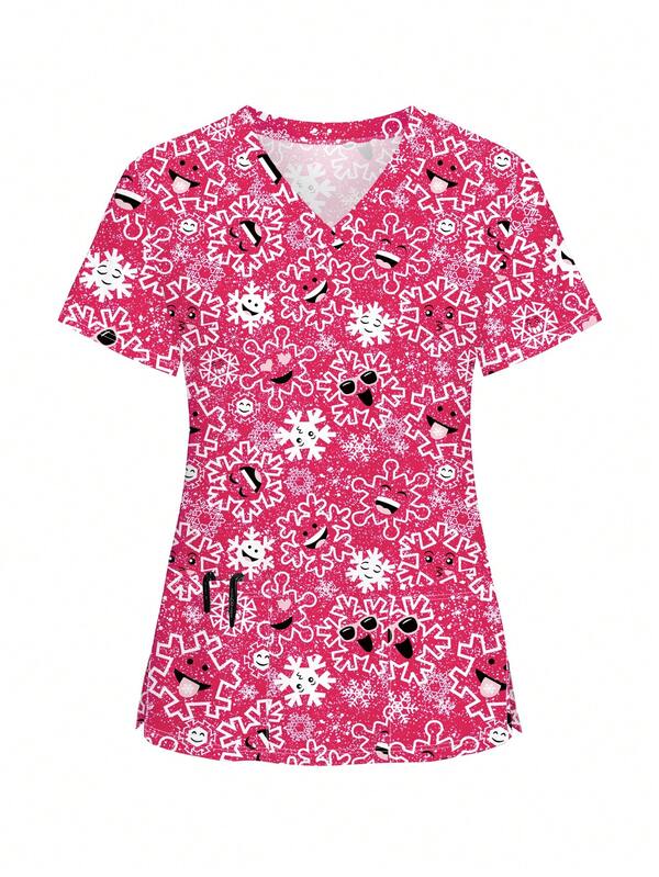 Fashionable Cartoon Print V-Neck Short Sleeve Scrub Top