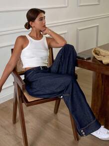 Livesso Vintage Wash Pocket Wide Leg Women's Jeans,Back To School Clothes - Dark Wash - View 3