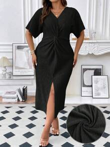 SHEIN Unity Plus Twist Front Split Thigh Dress Maxi Women Outfit - Black - View 1