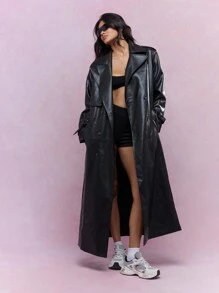 MISSGUIDED PU Double Breasted Longline Trench Jacket Winter Wear - Black - View 1