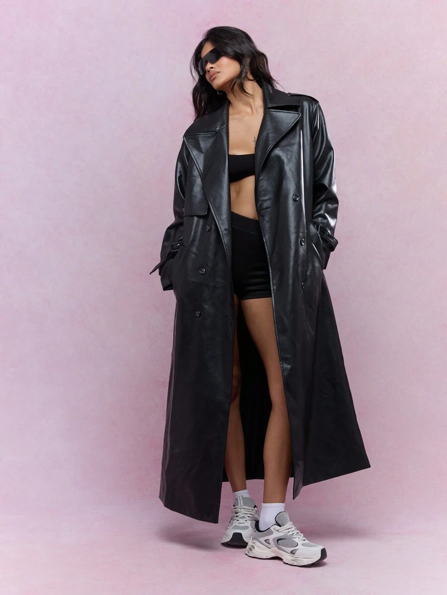 MISSGUIDED PU Double Breasted Longline Trench Jacket Winter Wear - Black - View 1