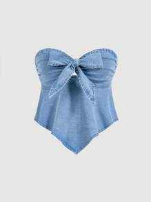 SHEIN MOD Women's Vintage Sweet Blue Denim Shirt With Bow-Knot Decoration And Elasticity,Corset Top,Going Out Tops,Back To School Tops,Cute Tops,Off The Shoulder Tops,Light Blue Tops,Tight Tops,Bow Tops,Fitted Tops