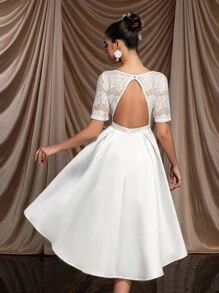 SHEIN Belle Gorgeous, Elegant, And Noble White Lace Spliced Dress With Glossy Satin Design, Padded Cups, High Waist, And Large A-Line Flared Skirt; Suitable For Single Parties, Weddings, Graduations, Holidays, Bridal Showers, And Other Formal Occasions - White - View 5