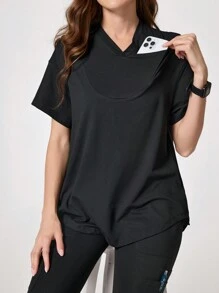 TaskEZ Solid Color V-Neck Short Sleeve Top And Pocket Pants  Uniform Set, Scrub Sets - Black - View 6