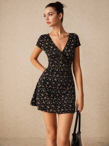 Poéselle Women's Fashion Sweet V-Neck Floral Print A-Line Dress, Floral Dresses, Spring Floral Dresses, Beach Women's Dresses, Y2k Summer, Floral Dresses, Cute Summer Dresses,Summer Dresses For Women