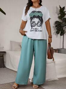 SHEIN VCAY Áo thun đi nghỉ mát cỡ lớn dành cho nữ có dây thắt lưng và eo đàn hồi Quần ống rộng, 2 cái/bộ - Nhiều màu - Xem 5