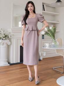 DAZY Women's Solid Color Square Neck Ruffle Trim Puff Sleeve Dress, Summer Sundress - Pink - View 7