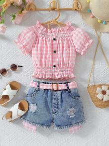 Young Girl Plaid Puff Sleeve Top And Ripped Denim Shorts Set, School, Campus, College - Pink - View 1