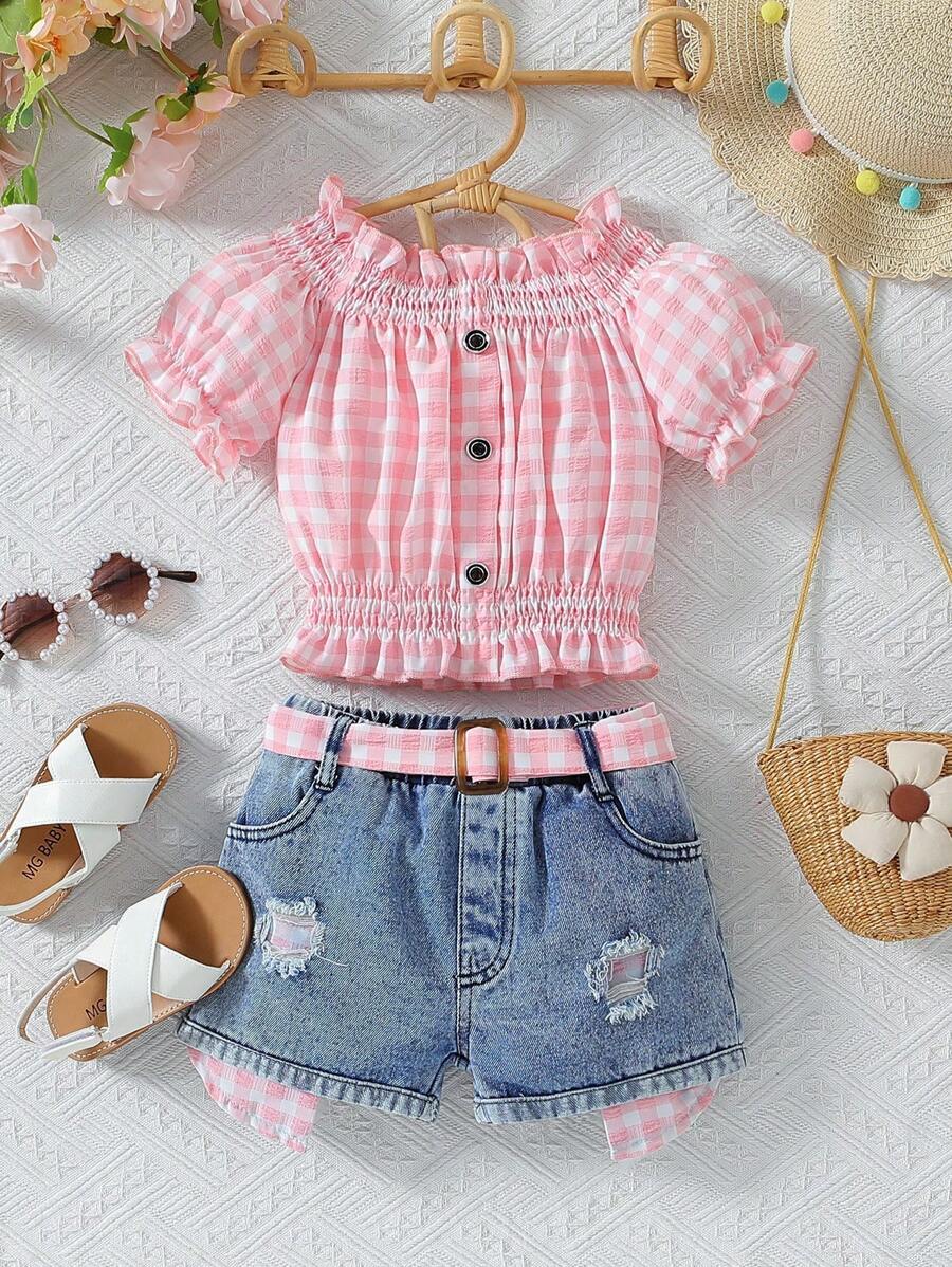 Young Girl Plaid Puff Sleeve Top And Ripped Denim Shorts Set, School, Campus, College - Pink - View 1