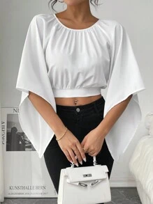 Chiquease 女士蝙蝠袖後繫蝴蝶結開背白色圓領上衣