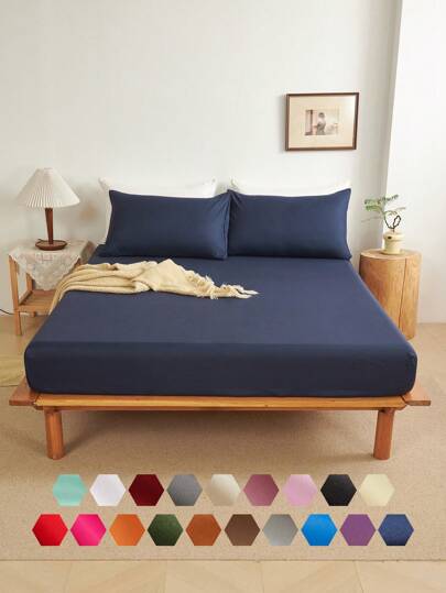 三件套纯色藏蓝色床单套装，采用超细纤维面料，包含1个床笠和2个枕套（不含枕芯），现代柔软的床上用品套装，适合居家、宿舍、返校季使用，深口袋设计，适用于厚度达16英寸的床垫。