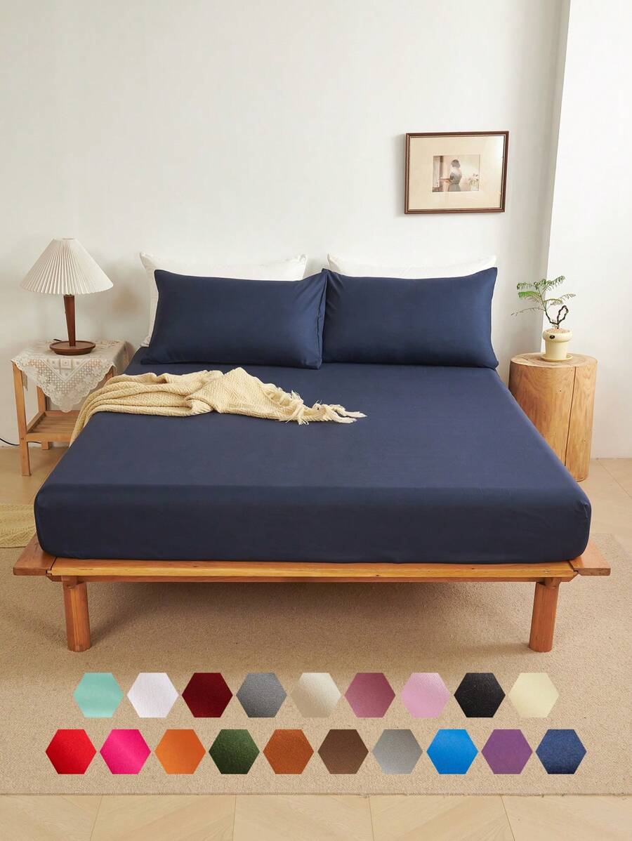 Bộ ga trải giường 3 món màu xanh hải quân trơn, làm từ vải microfiber, bao gồm 1 ga trải giường và 2 vỏ gối (không bao gồm ruột gối), bộ chăn ga gối mềm mại hiện đại, phù hợp cho gia đình, ký túc xá, trường học, thiết kế túi sâu phù hợp với nệm dày đến 16 inch. - Màu xanh hải quân - Xem 1