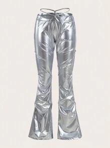 SHEIN X KeniaOs SHEIN ICON Pantalones acampanados con cintura fruncida y atadura - Plateado - Ver 1