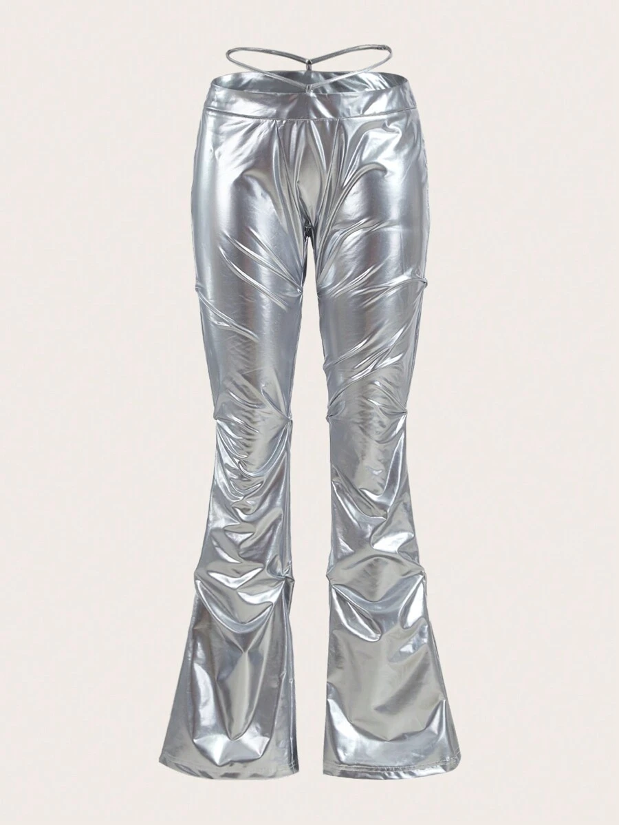 SHEIN X KeniaOs SHEIN ICON Pantalones acampanados con cintura fruncida y atadura - Plateado - Ver 1