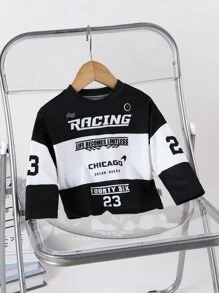 SHEIN Baby Boys Racing Car & Letter Print Long Sleeve T-Shirt, Suitable For Everyday Wear - Black and White - View 1