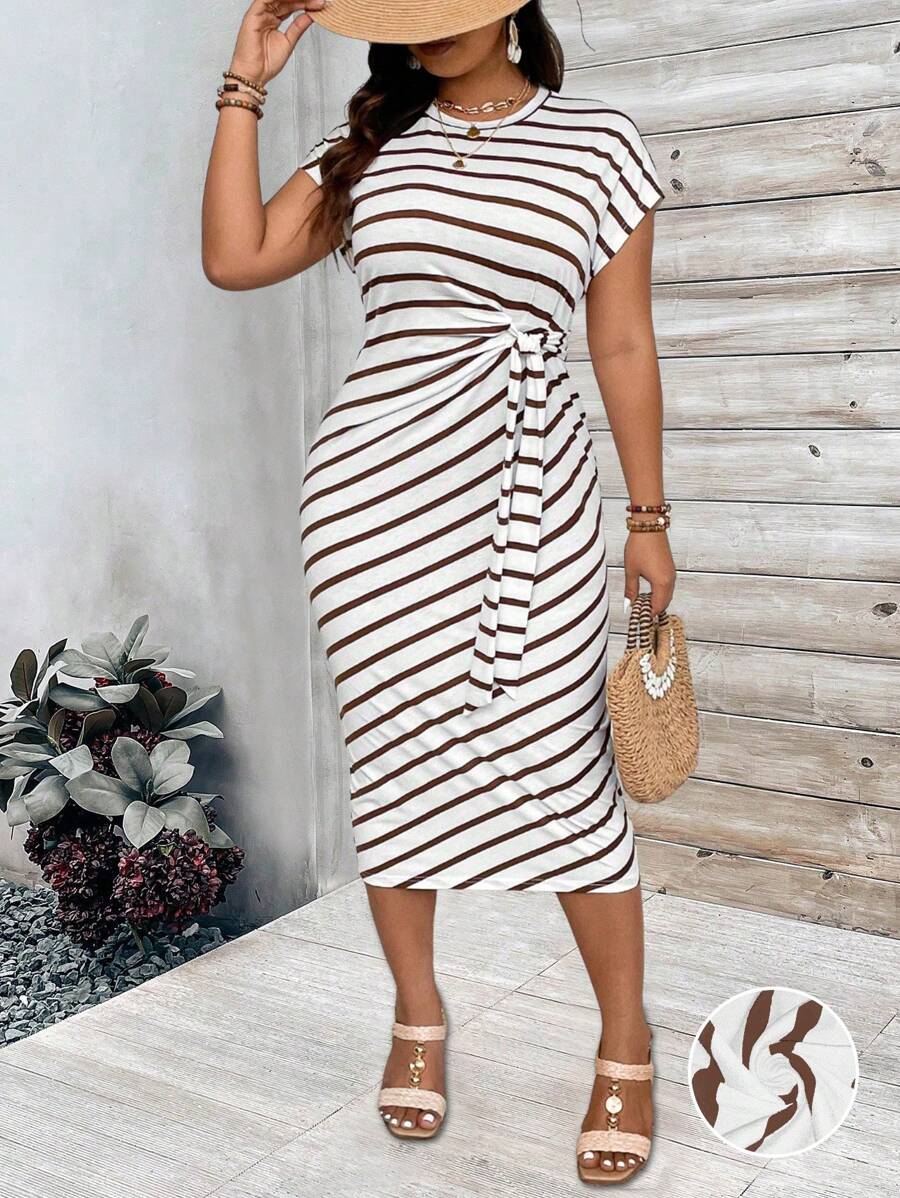 Calvaya Đầm cổ tròn cỡ lớn in sọc ren mùa xuân hè - trắng - Xem 1