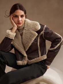 SHEIN X Lucía Bellido Anewsta Fashionable Color-Block Turn-Down Collar Short Jacket With Double Pockets For Women