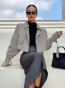 DAZY Casaco trench casual de manga longa com manga raglan, de cor sólida, curto, para mulheres, primavera e outono - Cinza - Visão 4