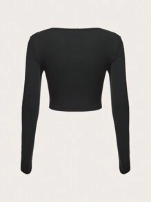 SHEIN X KeniaOs SHEIN ICON 剪裁交叉纯色短款上衣 - 黑色 - 查看 6
