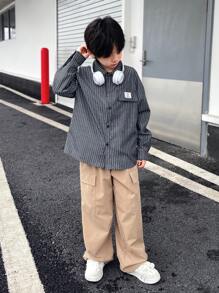 2 件套儿童青少年男童休闲韩版可爱刺绣领开衫衬衫和直腿裤套装