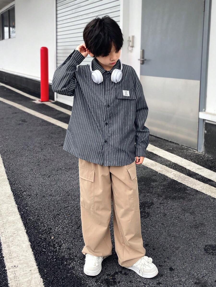 2 件套儿童青少年男童休闲韩版可爱刺绣领开衫衬衫和直腿裤套装