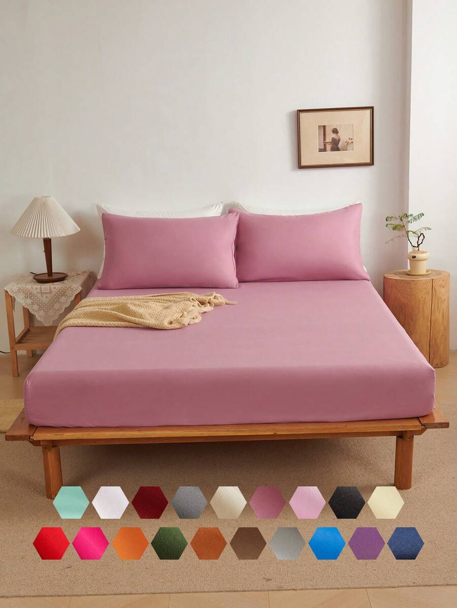 Bộ 3 món ga trải giường màu hồng nhạt trơn, làm từ vải microfiber, bao gồm 1 ga trải giường và 2 vỏ gối (không bao gồm ruột gối), bộ chăn ga gối mềm mại hiện đại, phù hợp cho gia đình, ký túc xá, trường học, thiết kế túi sâu phù hợp với nệm dày đến 16 inch. - Bụi hồng - Xem 1