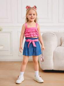 SHEIN Young Girl Woven Solid Ruffle Cami Top With Ruffle Hem And Woven Solid Color Shorts Set, Summer Clothes - Hot Pink - View 7