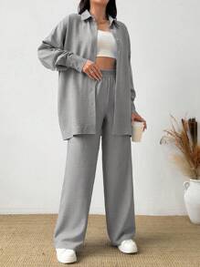 EURMUSE Women Shirt & Wide Leg Pants Set - Light Grey - View 3