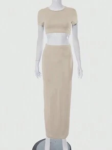 INAWLY 女式纯色圆领短袖短款上衣和长款紧身裙 2 件套，夏季 - 米色 - 查看 4