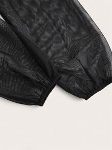 SHEIN Unity 休闲针织罗纹拼接网眼泡泡袖T恤 - 黑色 - 查看 3