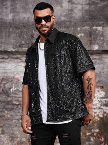 Manfinity Roughcore Plus Size Sequin Splice Casual Short Sleeve Vintage Shirts For Men - Black - View 6