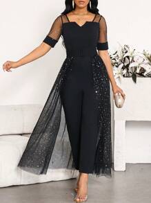 SHEIN Lady Women's Fashionable Elegant Party Black Glitter Mesh Jumpsuit, With Textured Short Sleeves And Mesh, 2-In-1 Style Women Vintage Clothes Teacher Clothes - Black - View 4