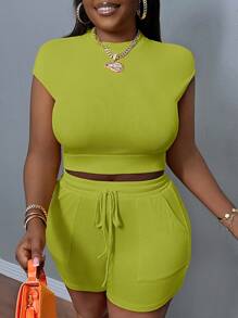 Slaydiva Plus Size Yellow Sleeveless Casual Street Slouchy Slim Sports Shorts Macaron Dopamine Color Shorts Ladies Elastic Waist Suit-F