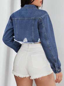 SHEIN EZwear 女式春秋长袖拼接牛仔夹克，带磨边下摆和短款剪裁 - 深色水洗藍 - 查看 2