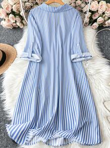 SHEIN LUNE Plus Size Navy Blue Hem Floral Print Long Sleeve Shirtdress Fall Women Clothes Baby Blue Dress Women Business Casual Woman Work Dress Business Dress - Blue and White - View 2