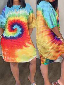 Slaydiva Vestido de mujer para vacaciones informales de verano con cuello redondo, mangas tres cuartos, hombros caídos, bolsillos sueltos, diseño de impresión circular con manchas de arco iris y dobladillo curvo -M - Multicolor - Ver 6
