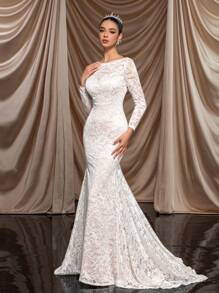 SHEIN Belle 优雅华丽的白色/香槟色拼接透视长袖扇形弹力蕾丝性感透视后背美人鱼风格下摆超长婚纱适合新娘、节日、派对、假期和毕业季 - 白色 - 查看 7