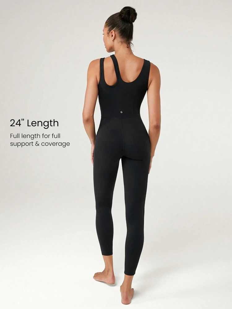 24" FeatherFit™ Keep It Sleek Asymmetric Cut-Out Jumpsuit Bodysuit Low Impact Yoga Pilates Daily