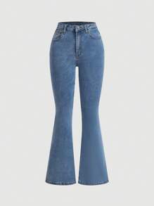 SHEIN MOD Women's Casual Flared Jeans With Bow Detail - Light Wash - View 2